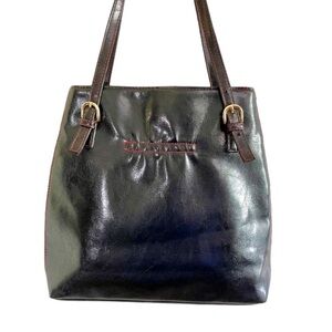 VICTORIA’S SECRET,BLACK LEATHER SHOULDER BAG WITH RED STITCHING.9 1/2” X 11 1/2”